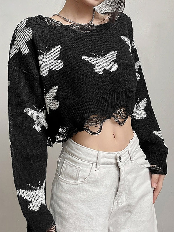 On The Fly Distressed Sweater. This long sleeve knit sweater has a cropped fit, a distressed design and butterflies print all over.