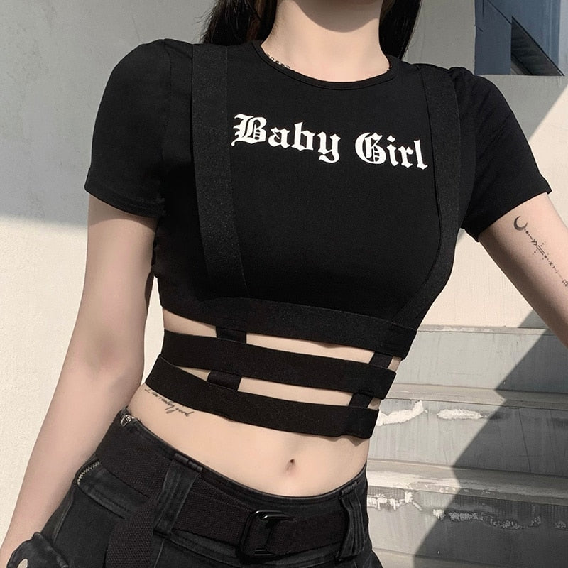 BB Girl Cropped Tee - ALTERBABE Shop Grunge, E-girl, Gothic, Goth, Dark Academia, Soft Girl, Nu-Goth, Aesthetic, Alternative Fashion, Clothing, Accessories, Footwear