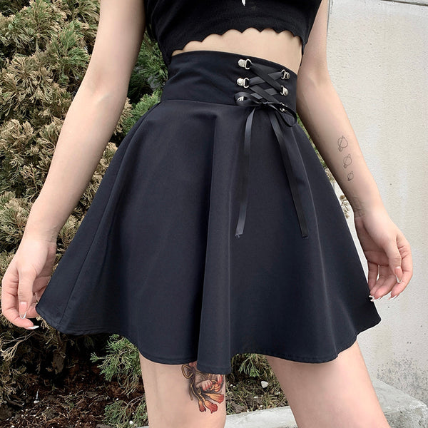 Obsessed Lace Up Skirt - ALTERBABE Shop Grunge, E-girl, Gothic, Goth, Dark Academia, Soft Girl, Nu-Goth, Aesthetic, Alternative Fashion, Clothing, Accessories, Footwear