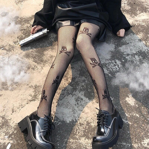 Fishnet Skull Stockings - ALTERBABE Shop Grunge, E-girl, Gothic, Goth, Dark Academia, Soft Girl, Nu-Goth, Aesthetic, Alternative Fashion, Clothing, Accessories, Footwear