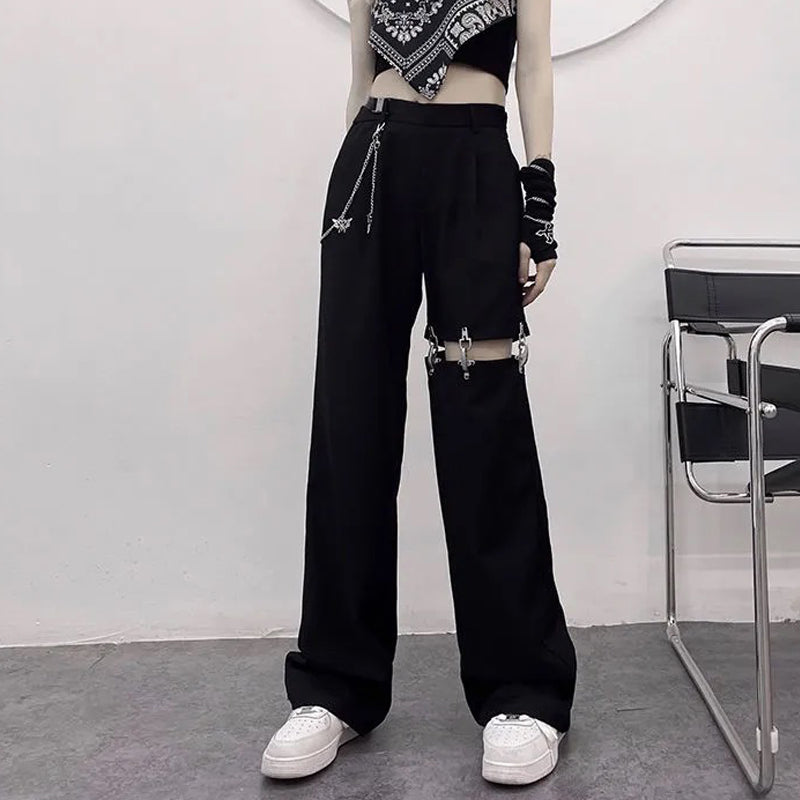 Linked Up Cutout Pants - ALTERBABE Shop Grunge, E-girl, Gothic, Goth, Dark Academia, Soft Girl, Nu-Goth, Aesthetic, Alternative Fashion, Clothing, Accessories, Footwear