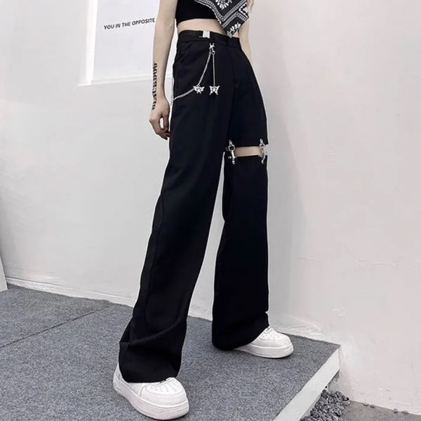 Linked Up Cutout Pants - ALTERBABE Shop Grunge, E-girl, Gothic, Goth, Dark Academia, Soft Girl, Nu-Goth, Aesthetic, Alternative Fashion, Clothing, Accessories, Footwear
