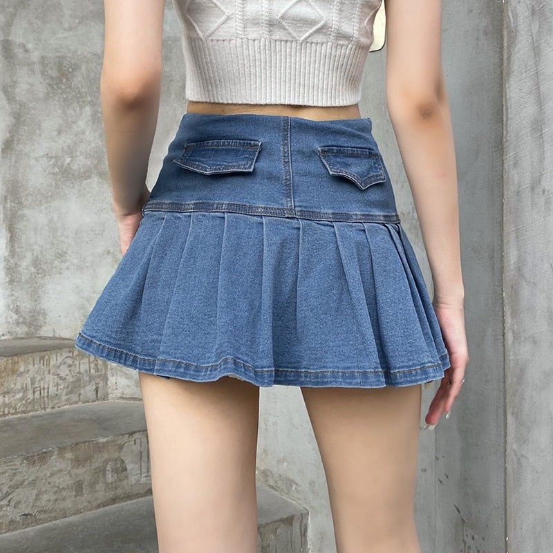 Double Lace-Up Denim Pleated Skirt - ALTERBABE Shop Grunge, E-girl, Gothic, Goth, Dark Academia, Soft Girl, Nu-Goth, Aesthetic, Alternative Fashion, Clothing, Accessories, Footwear
