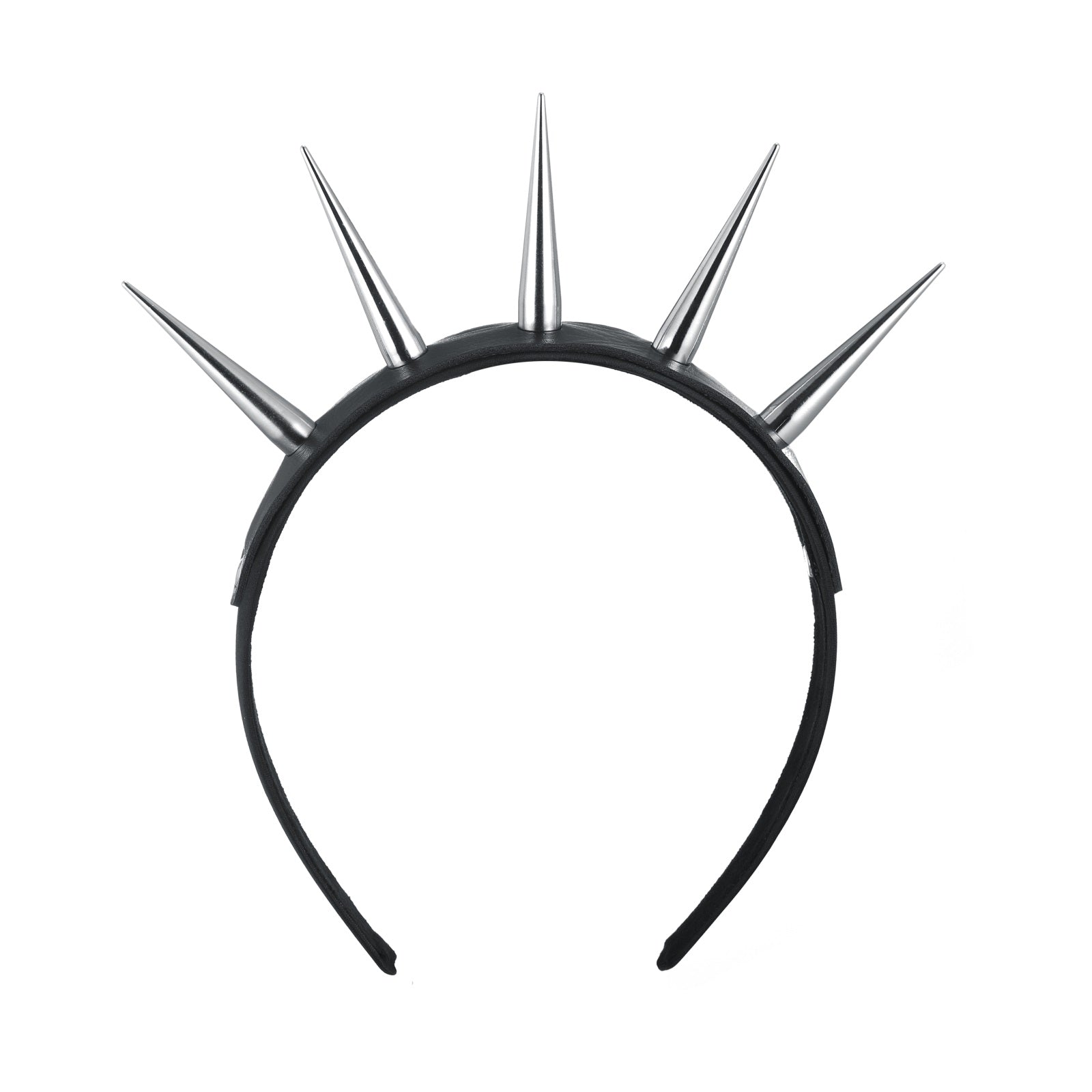 Danger Zone Spiked Headband. This headband features a black flexible band and a vegan leather strap with silver metal spikes across the top.
