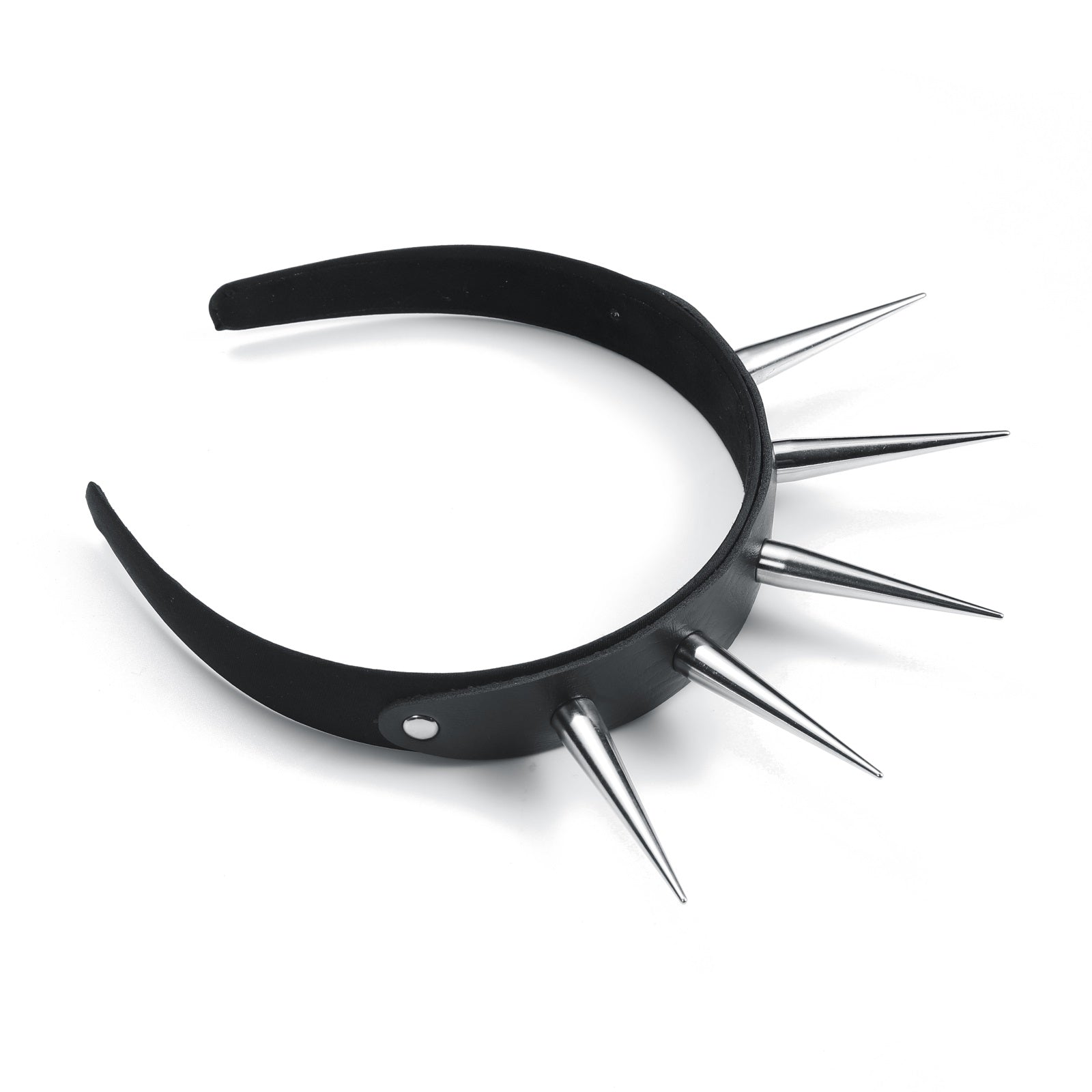 Danger Zone Spiked Headband. This headband features a black flexible band and a vegan leather strap with silver metal spikes across the top.
