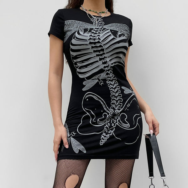 Cold To The Bones Dress. This black mini dress has short sleeves and freaky skeleton graphics on the front.