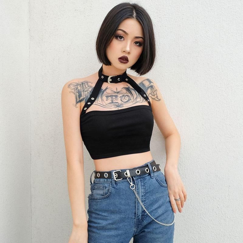  Alternative Clothing Aesthetic,Sexy Gothic Clothes For Women,Goth  Outfits,Crop top,Buckle Crop Top